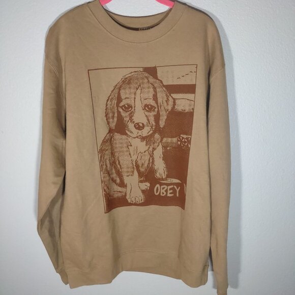 OBEY Clumsy Puppy Graphic Women's Crewneck Sweatshirt Beige - Picture 2 of 5